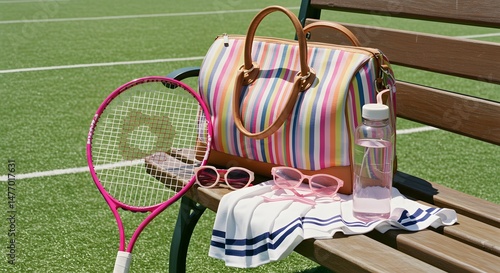 Tennis accessories on bench