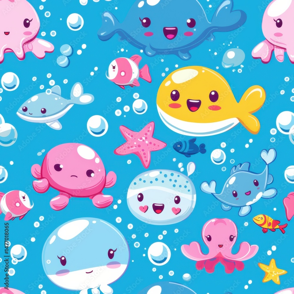 Obraz premium seamless pattern of adorable cartoon marine animals, colorful seaweed and coral, pastel background