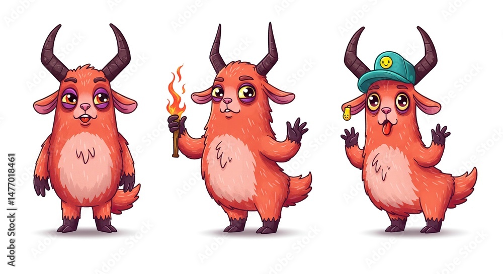 Obraz premium Three Cute Cartoon Goat Monsters with Horns