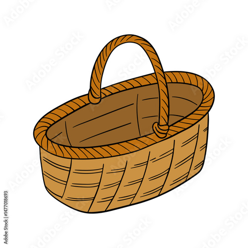Straw wood empty brown basket. Element home collection decor container handmade for fruit, vegetables, farm, bakery, picnic, Eastern 