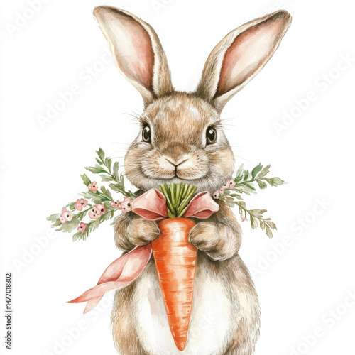 Cute bunny happily holds carrot with bow, watercolor painting