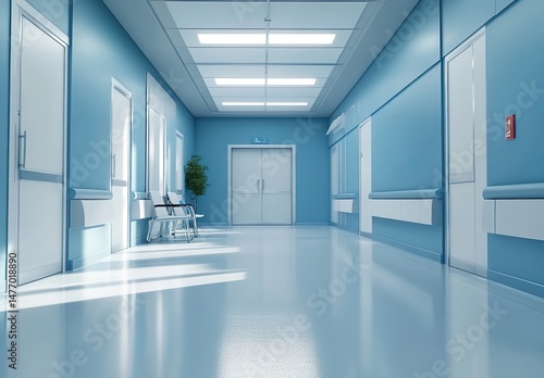 Hospital corridor with blue walls  white doors  bench  and paintings.