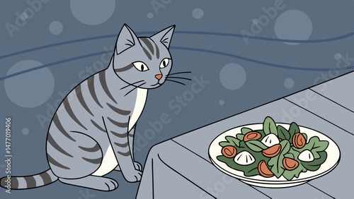 Cat sits on floor, gazing at plate of fresh salad with vegetables, creating curious and playful atmosphere