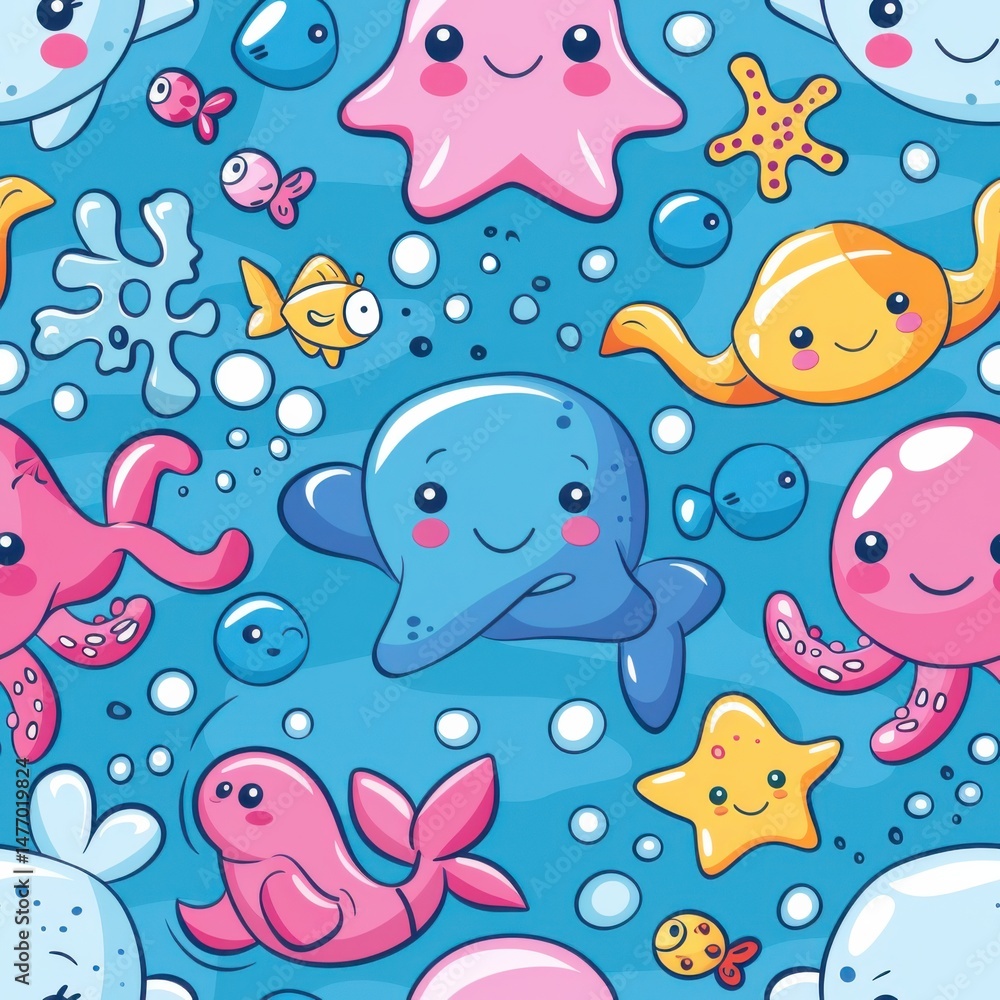 Fototapeta premium seamless pattern of adorable cartoon marine animals, colorful seaweed and coral, pastel background