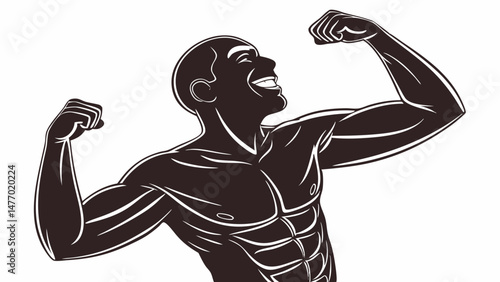Muscular man flexing his arms with joyful expression, showcasing strength and confidence