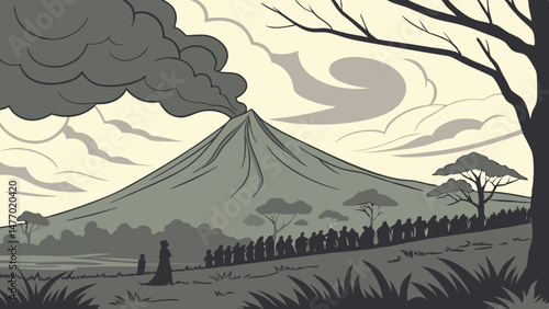Large crowd of people stands before smoking volcano, creating dramatic and tense atmosphere. scene captures natural beauty