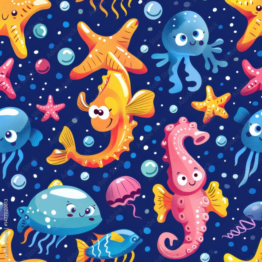 Fototapeta premium seamless pattern of adorable cartoon marine animals, colorful seaweed and coral, pastel background