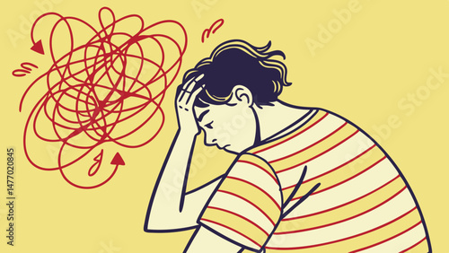 Person with messy hair appears overwhelmed, expressing feelings of chaos and confusion. background is bright yellow