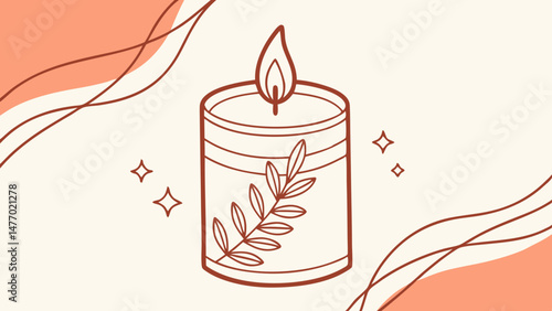 Simple flat illustration of unlit candle with leaf design, surrounded by decorative elements, evokes calming atmosphere