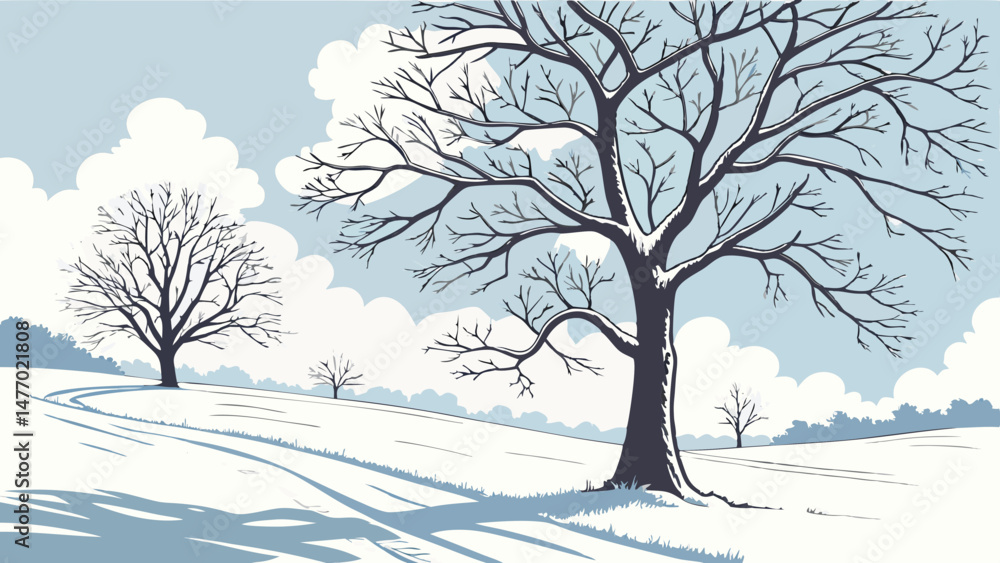 Fototapeta premium Serene winter landscape features bare trees with snow covered branches against soft blue sky, evoking peaceful atmosphere