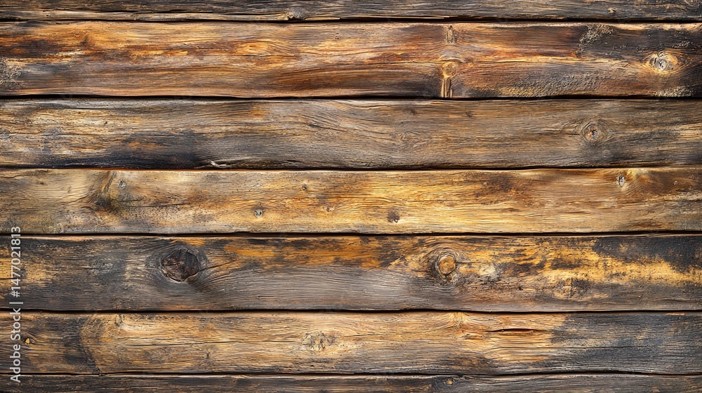 Obraz premium Warm, weathered wooden planks display a rich, textured surface marked with natural cracks and knots, evoking a sense of rustic charm and organic beauty.