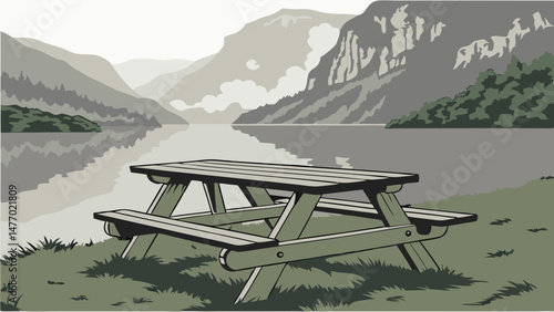 Wooden picnic table sits by serene fjord lake, surrounded by majestic mountains and lush greenery, inviting relaxation