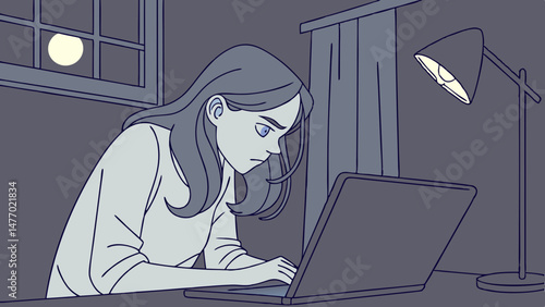 Young woman is focused on her laptop in dimly lit room, illuminated by lamp and moonlight