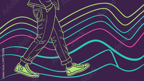 Person walking with neon lines in background, creating vibrant and dynamic atmosphere