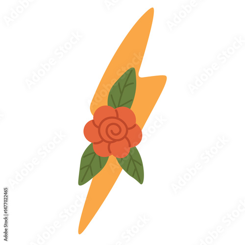 Flat cartoon lightning bolt with red flower and green leaves, symbol of beauty and fierce energy.
