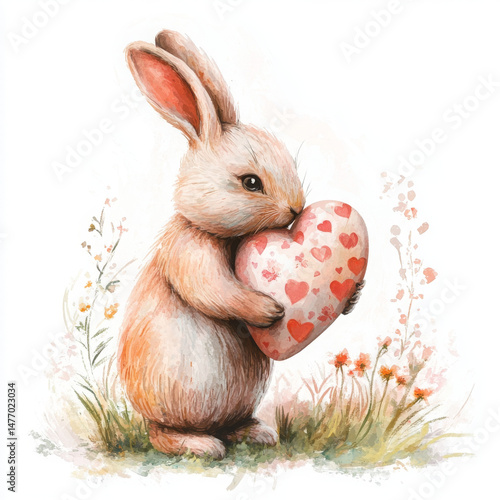 Illustration rabbit hugs heart, looks sweet and loving in meadow