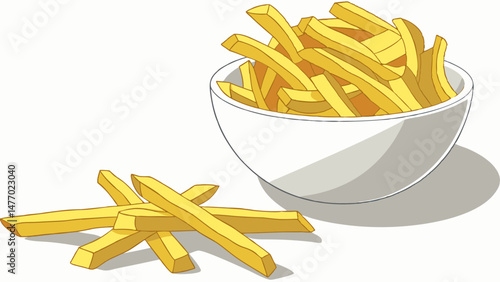 Crispy golden fries in white bowl, with some scattered on transparency background, evoke sense of deliciousness and comfort