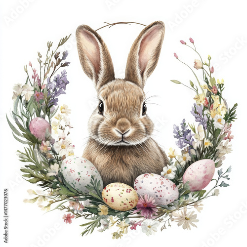 Cute bunny amidst flowers and eggs looks thrilled, ready for Easter celebration