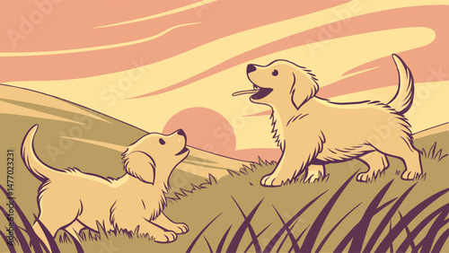 Golden retriever puppies playing in grassy field during sunset, radiating joy and innocence