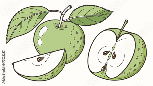 Fresh green apples, whole and sliced, with vibrant leaves, showcase their juicy interior and healthy appeal