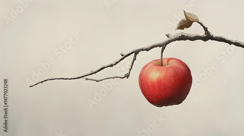 Vibrant red apple hanging from bare branch against neutral backdrop
