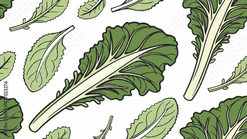 Fresh green lettuce leaves arranged in seamless pattern on transparency background, creating vibrant and natural feel