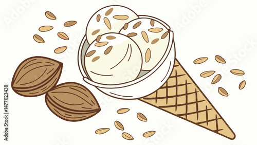 Delicious ice cream in cone topped with almond pieces and seeds, perfect for sweet treat