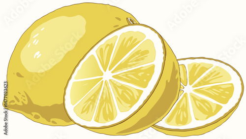 Fresh lemon with slices, vibrant yellow color, perfect for culinary use and refreshing drinks