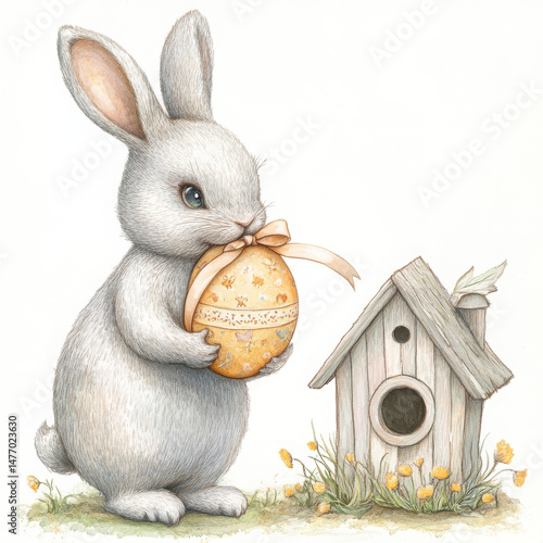 Charming Easter bunny holds large egg with ribbon, expressing joy and delight