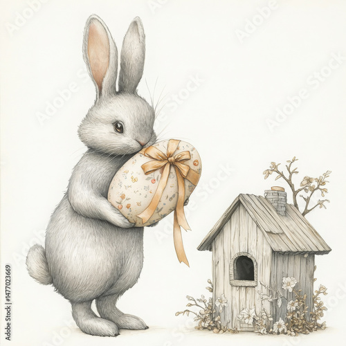 Easter bunny holds egg happily tied with ribbon adorably