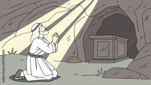 Moses kneeling and praying in cave, illuminated by rays of light, expressing deep devotion and spirituality