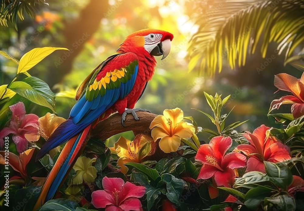 Fototapeta premium A colorful macaw perched on a branch surrounded by tropical flowers and greenery under sunlight.