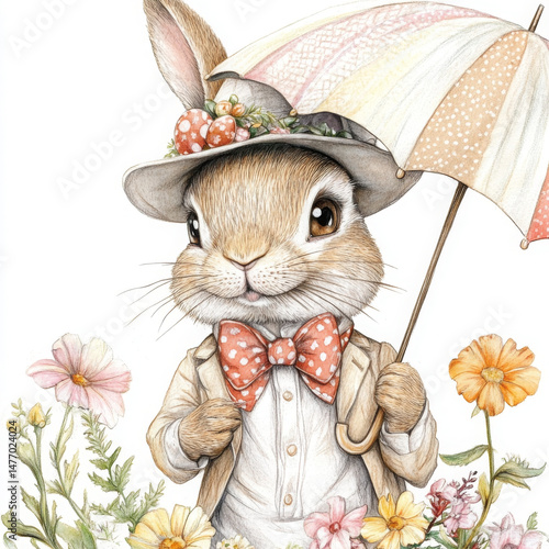 Charming bunny with hat and bow tie, whimsical springtime joy radiates