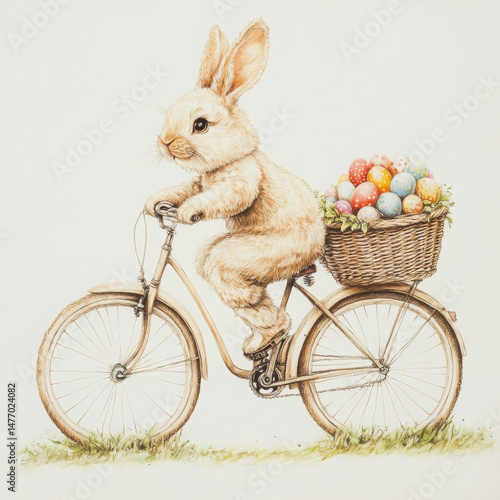 Charming bunny joyfully rides bicycle with Easter eggs in basket, vintage art