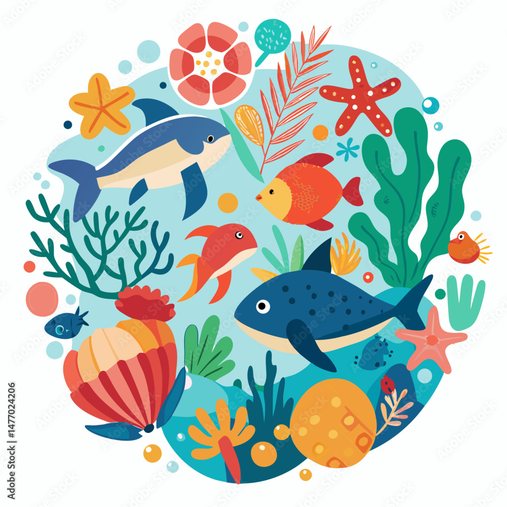 Obraz premium World Reef Awareness Day Vector Set – Coral, Fish, Sea Life, Ocean Conservation, Marine Plants and Animals on White Background