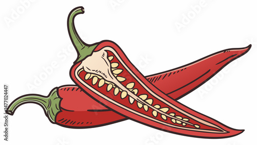 Fresh red chili pepper cut in half, showcasing its seeds and vibrant color, perfect for culinary use and spice lovers