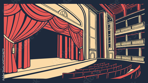 Theater stage features elegant red curtains, creating dramatic atmosphere for performances. seating area is visible
