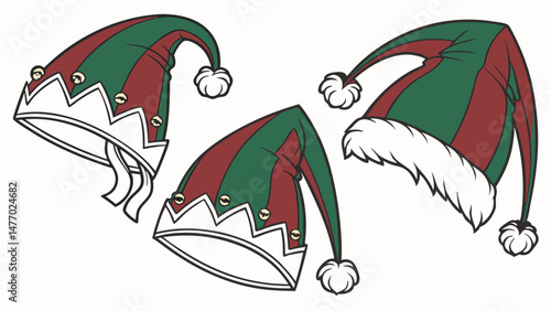 Festive elf hats in green and red with decorative elements, perfect for holiday celebrations and cheerful gatherings