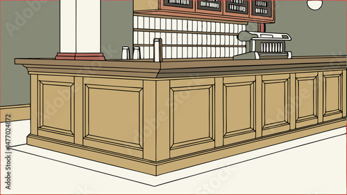 Wooden bar counter with sleek design, featuring polished surface and stylish coffee machine in background