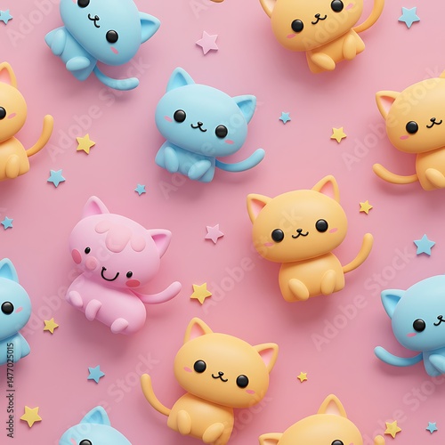 Cute Cartoon Kittens Pink Background Pattern