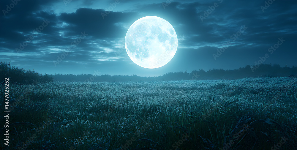 Fototapeta premium full moon over grassy meadow at night