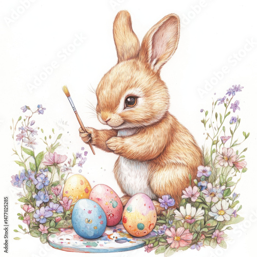 Playful bunny delights in painting eggs, expressing pure joy and creativity