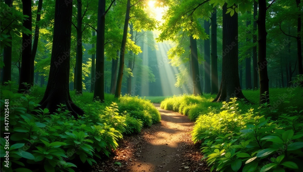 Fototapeta premium A scenic trail winding through a lush forest, sunlight dappling through the trees , woods, beautiful, trail