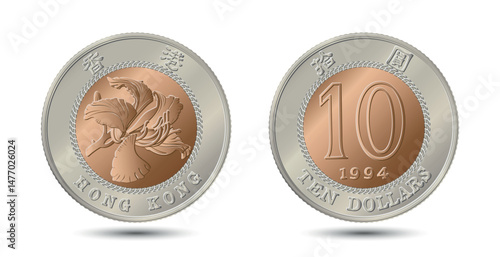 Reverse and obverse of Hong Kong coins 10 dollars 1994 years.  Vector illustration.