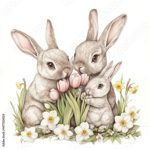 Sweet vintage Easter bunny family feel content among spring flower