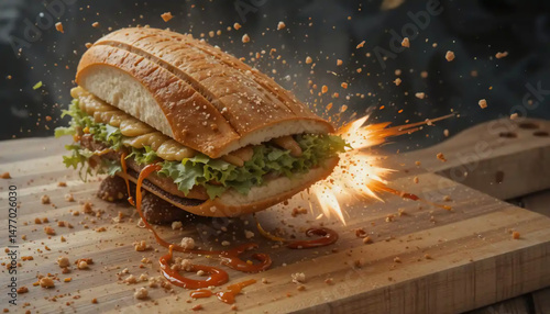 
A sandwich shaped like a spaceship being launched off a wooden cutting board by invisible thrusters made of tomato juice and flying crumbs