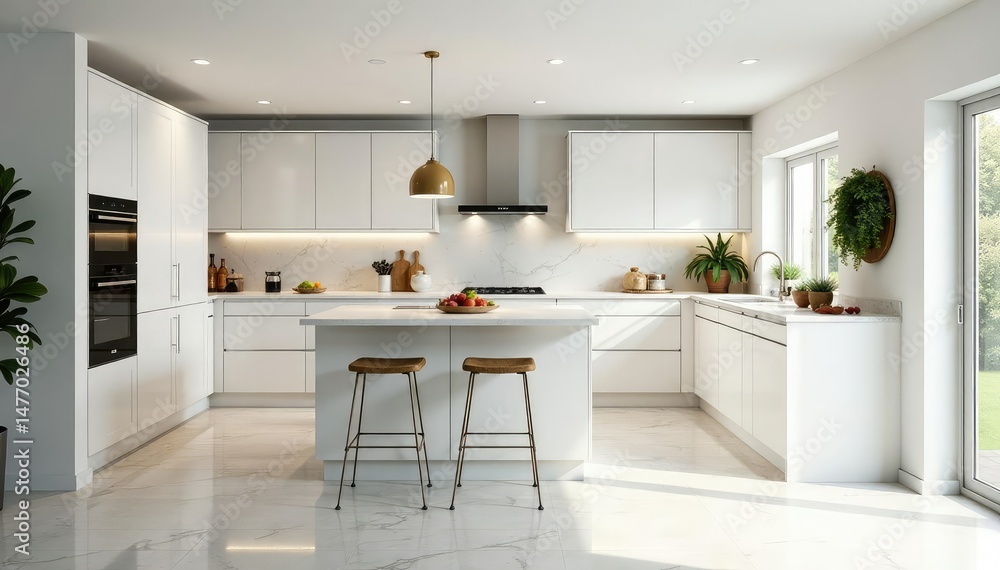 Bright open-plan kitchen, white cabinets & quartz countertops, bright, workspace Bright open-plan kitchen, white cabinets & quartz countertops, bright, workspace