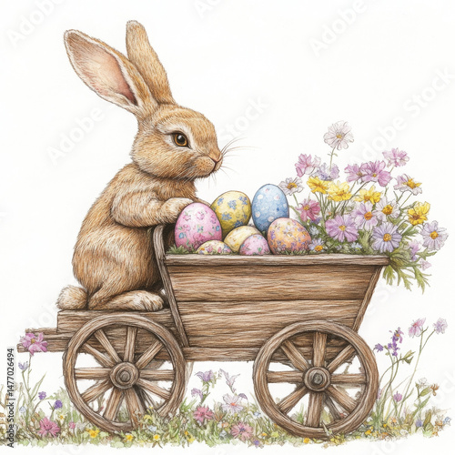 Vintage bunny joyfully delivers Easter eggs in small wooden wagon