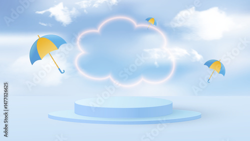 Cylindrical podium for displaying products during rainy season. Design with realistic clouds and colorful umbrellas. Place for text in the form of a stylized cloud. Vector illustration.