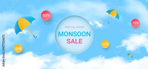 Monsoon Sale offers header banner template with realistic clouds and colorful umbrellas in the sky. Vector